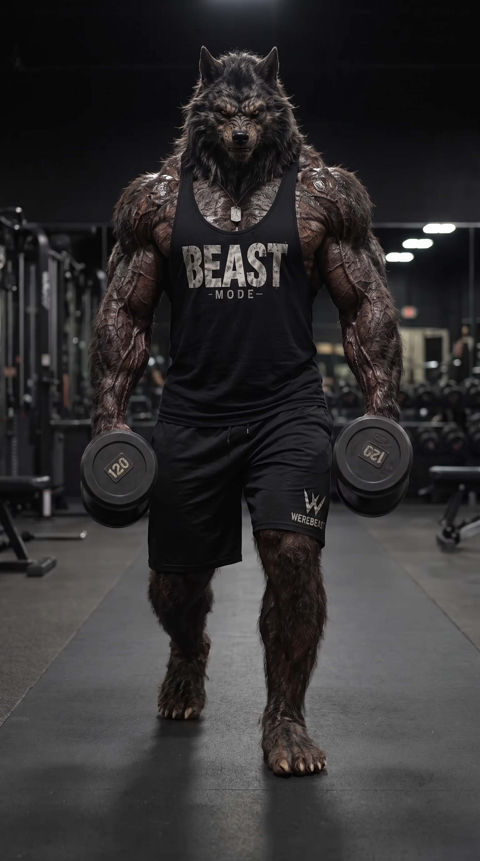 WereBeast trainer holding dumbbells, Beast Mode tank top