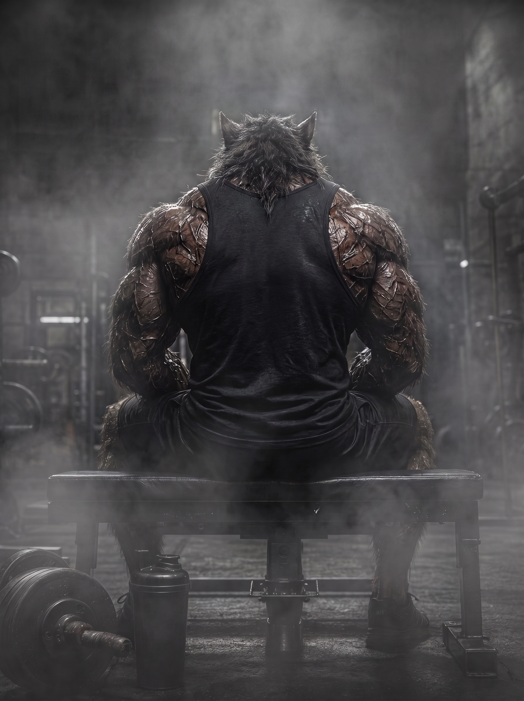 WereBeast trainer, back view, seated on gym bench resting