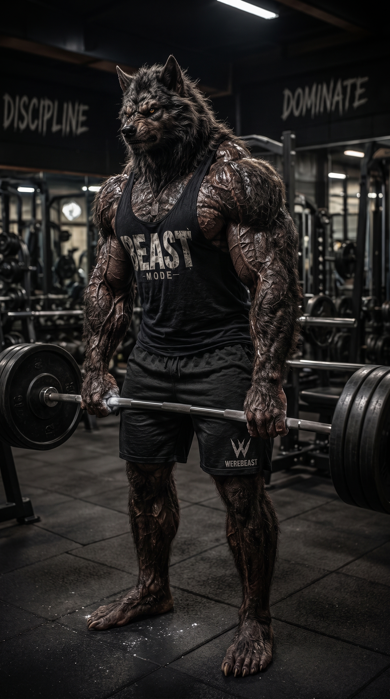 WereBeast trainer deadlifting under DISCIPLINE wall text