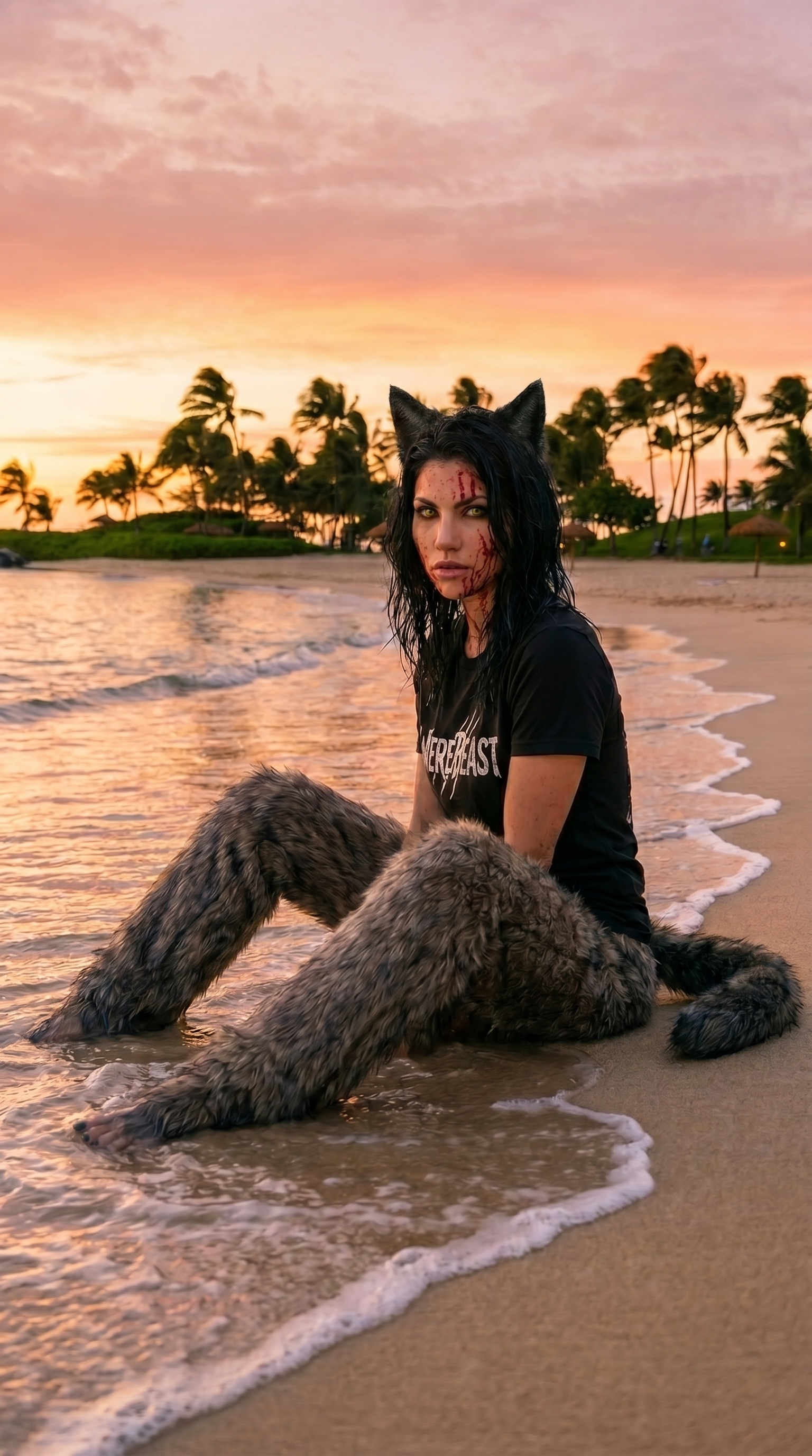 Rhea, beach at sunset