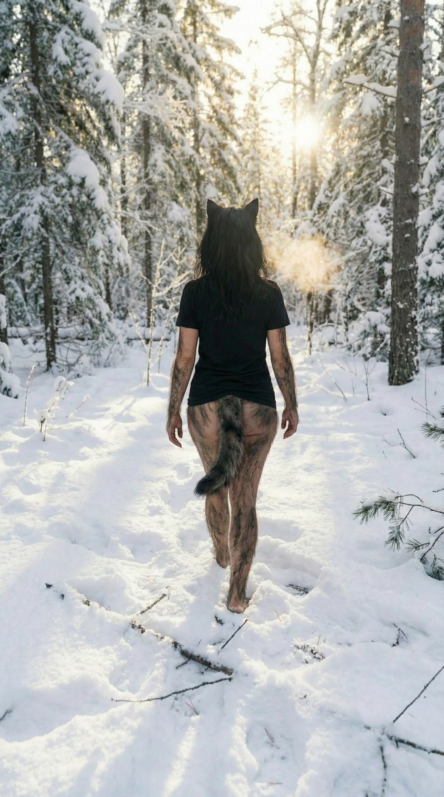 Rhea, walking away, snow forest