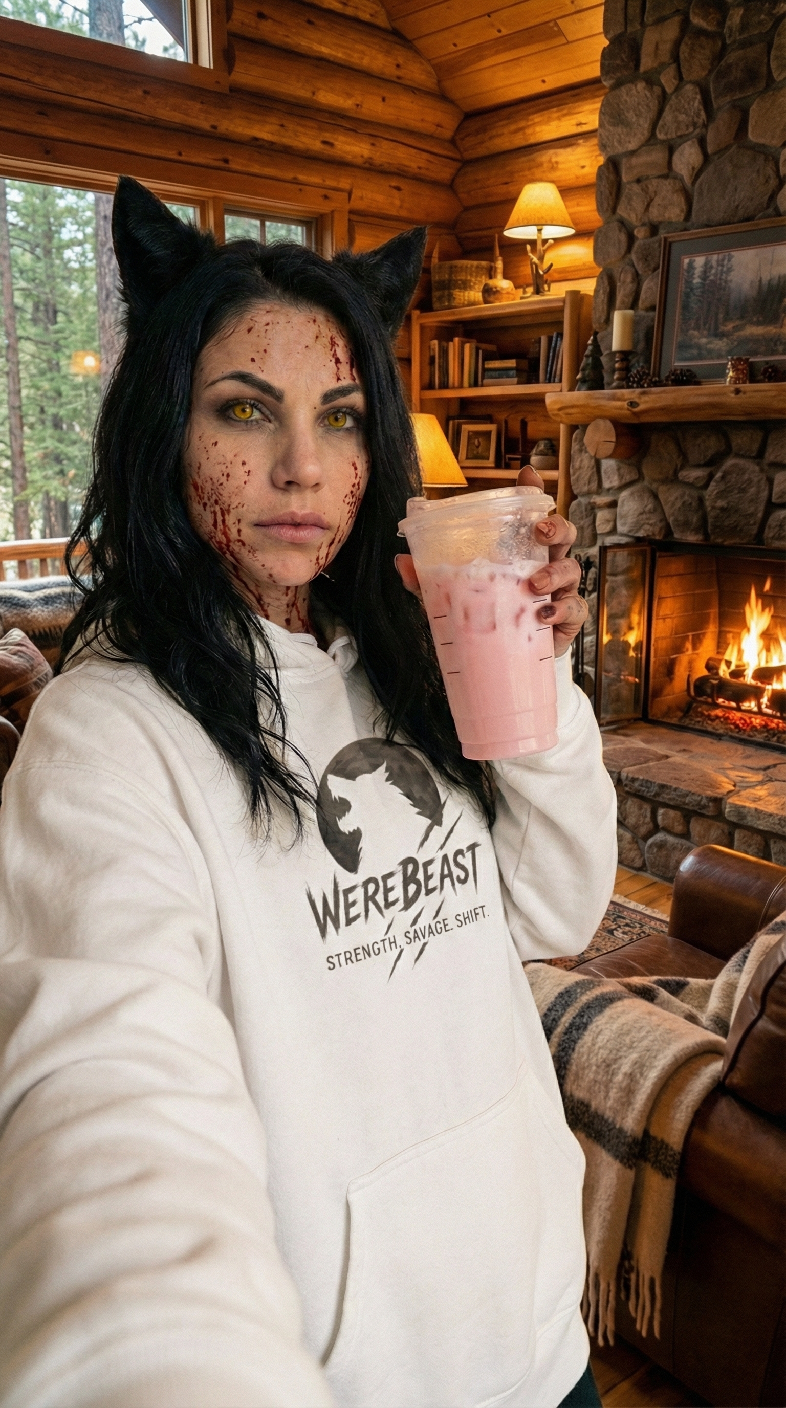 Rhea, cabin selfie by the fire