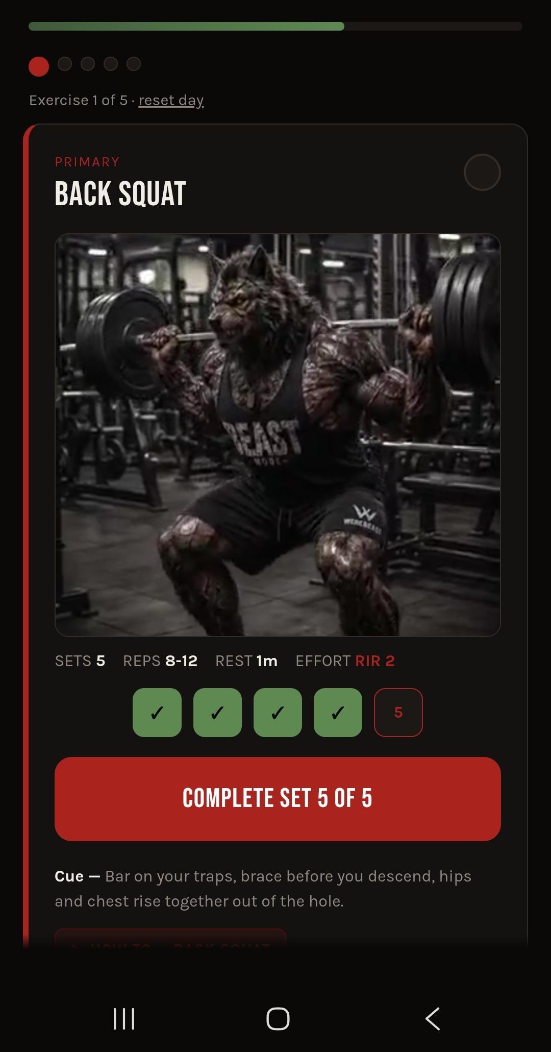 The Shift tracker app — back squat set logging screen