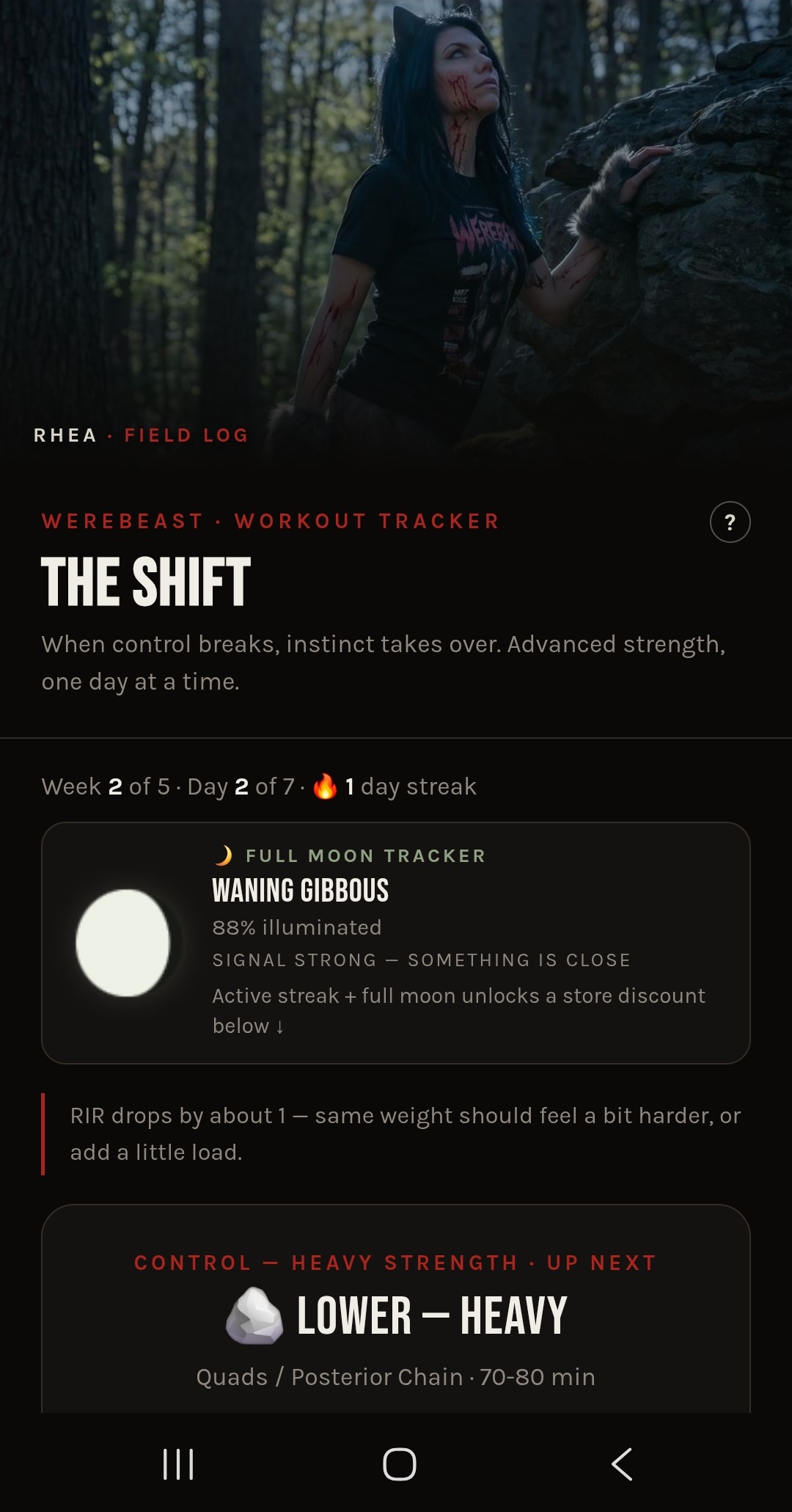 The Shift tracker app — Rhea field log home screen
