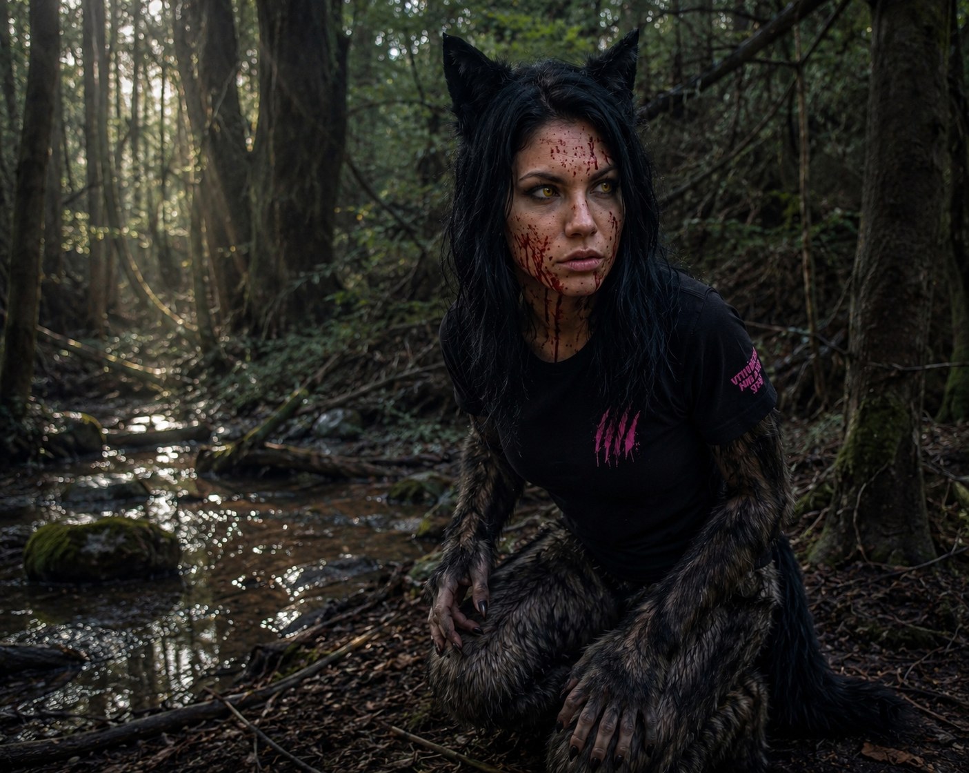Rhea, creekside, blood evident